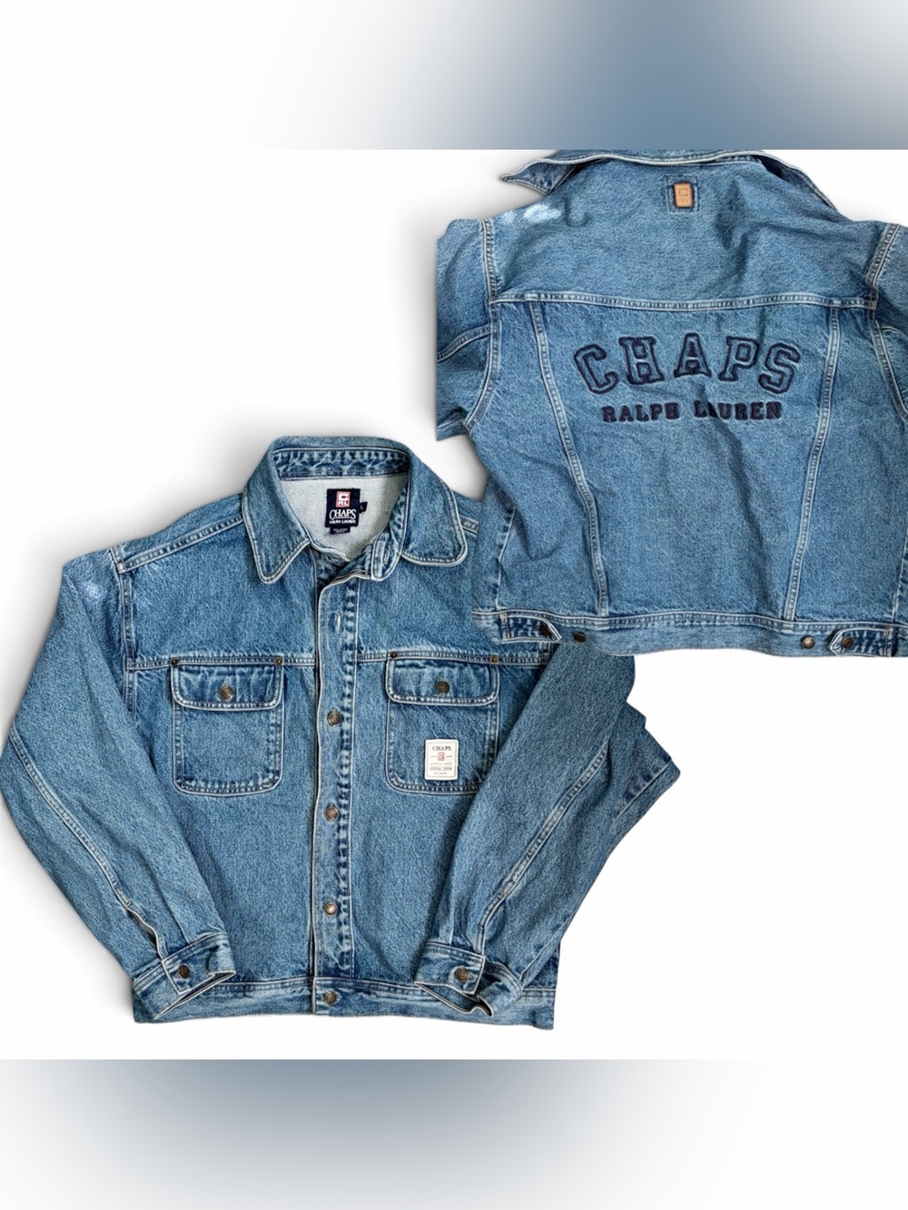 VTG 90s Chaps Ralph Lauren Denim Trucker Jacket Men Sz L Big Logo Embroidered